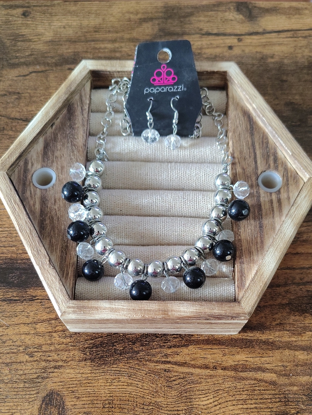 paparazzi Black, Clear & Silver Beaded Necklace with Matching Earrings